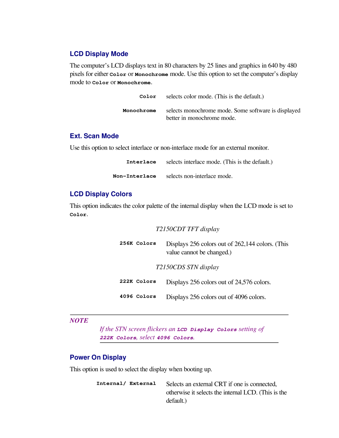 Toshiba T2150CD user manual LCD Display Mode, Ext. Scan Mode, LCD Display Colors, Power On Display 