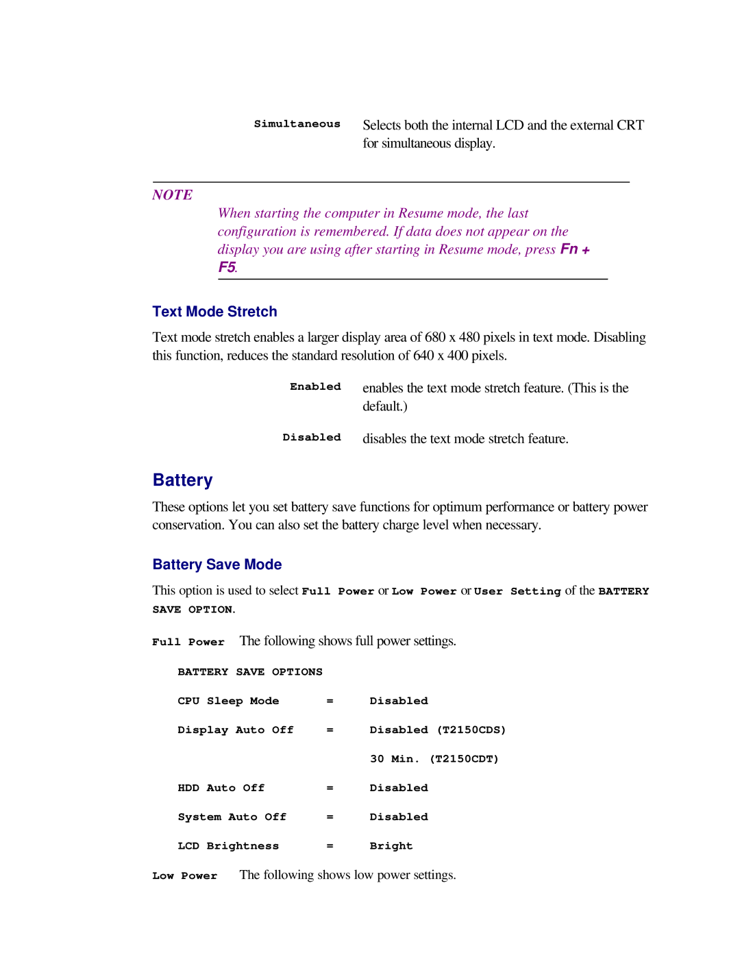 Toshiba T2150CD user manual Battery, Text Mode Stretch 