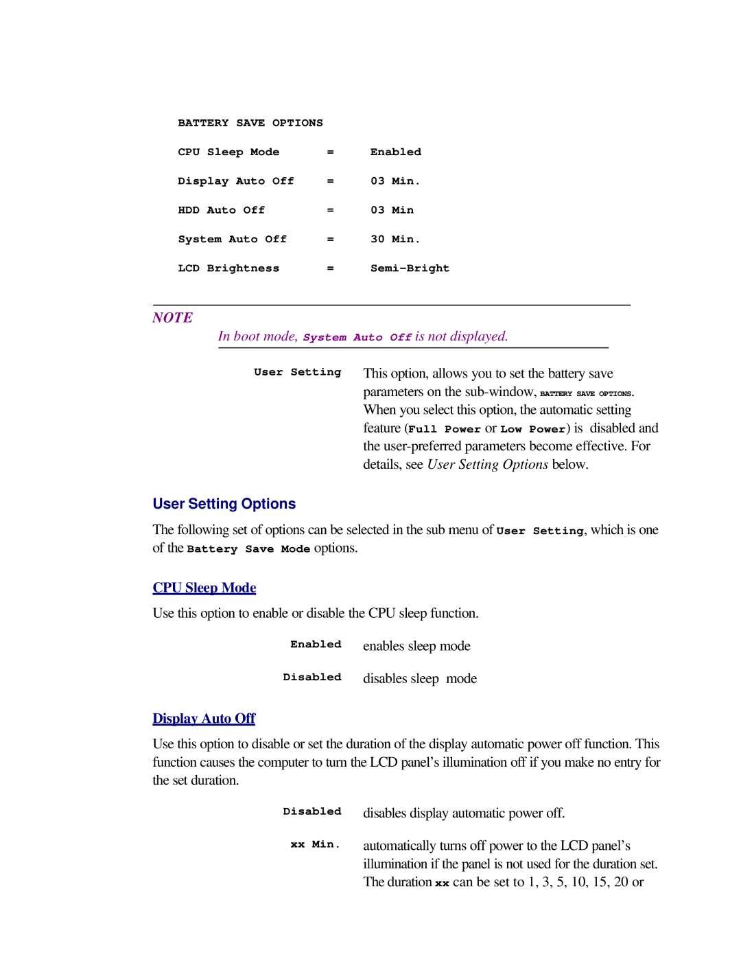 Toshiba T2150CD user manual Boot mode, System Auto Off is not displayed, User Setting Options 