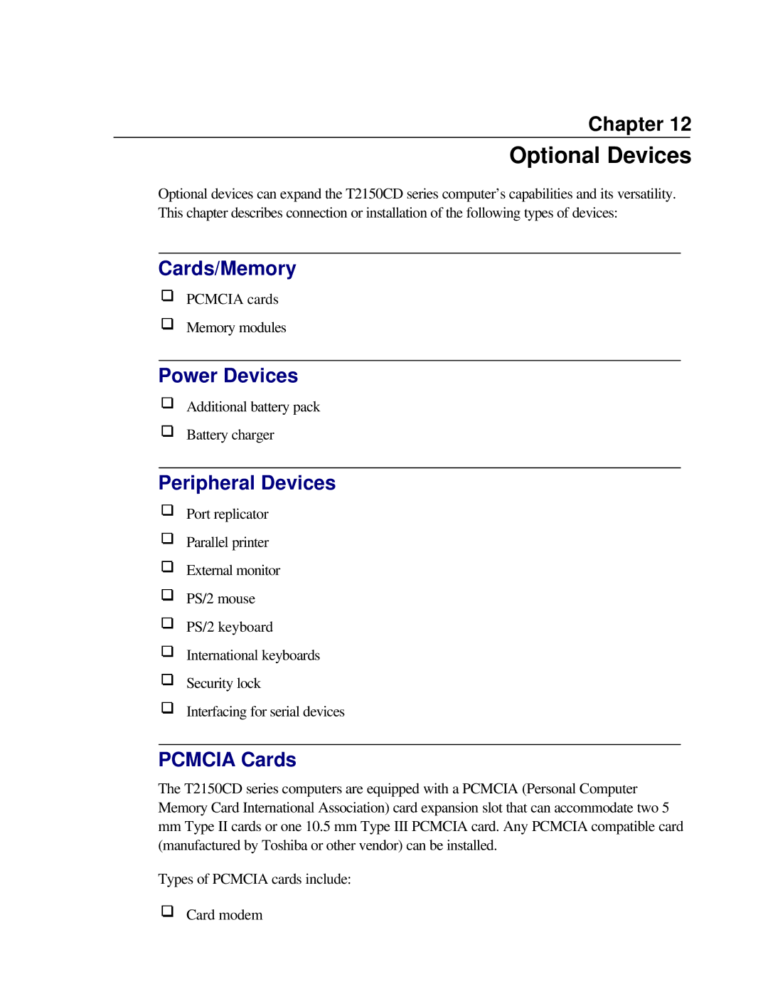 Toshiba T2150CD user manual Optional Devices, Cards/Memory, Power Devices, Peripheral Devices, Pcmcia Cards 