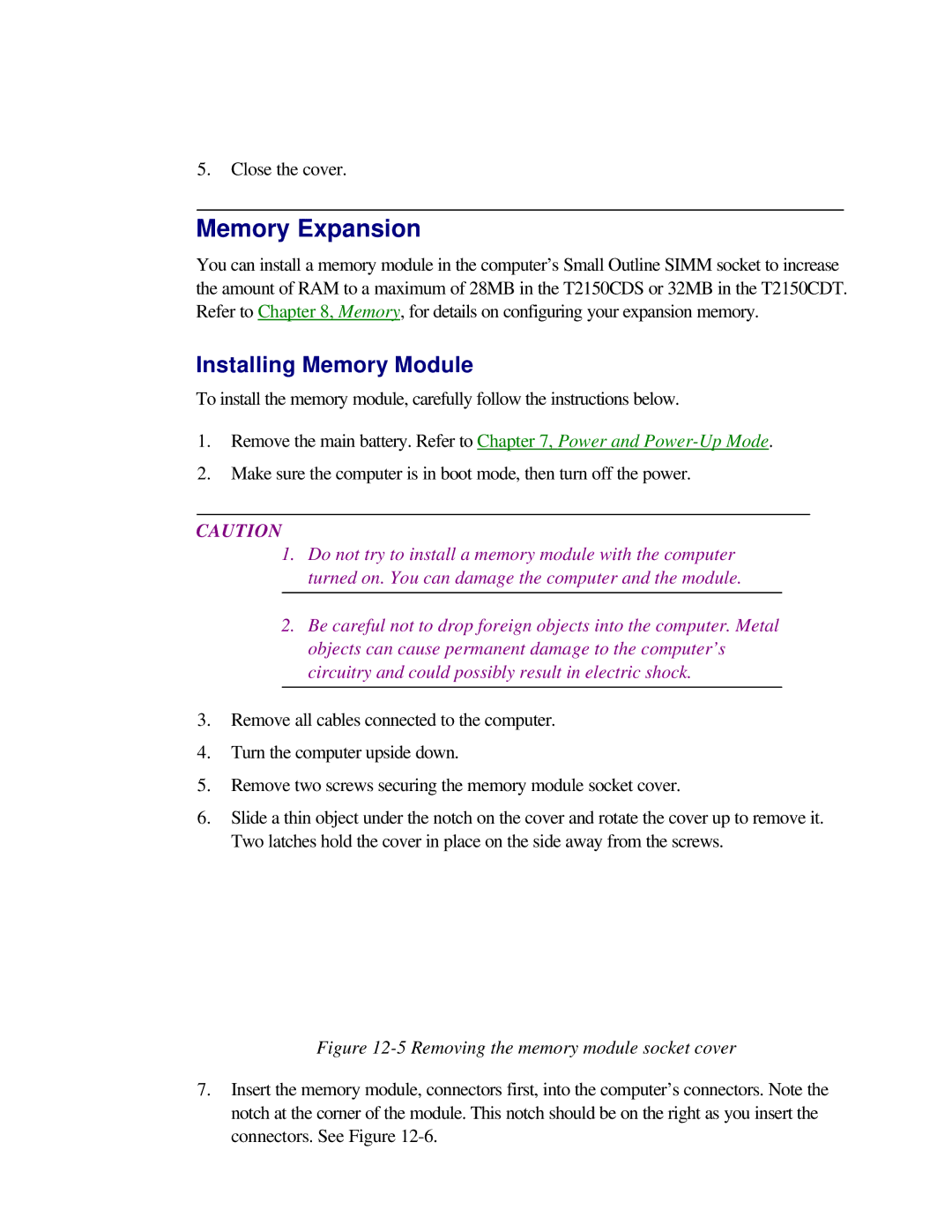 Toshiba T2150CD user manual Memory Expansion, Installing Memory Module 