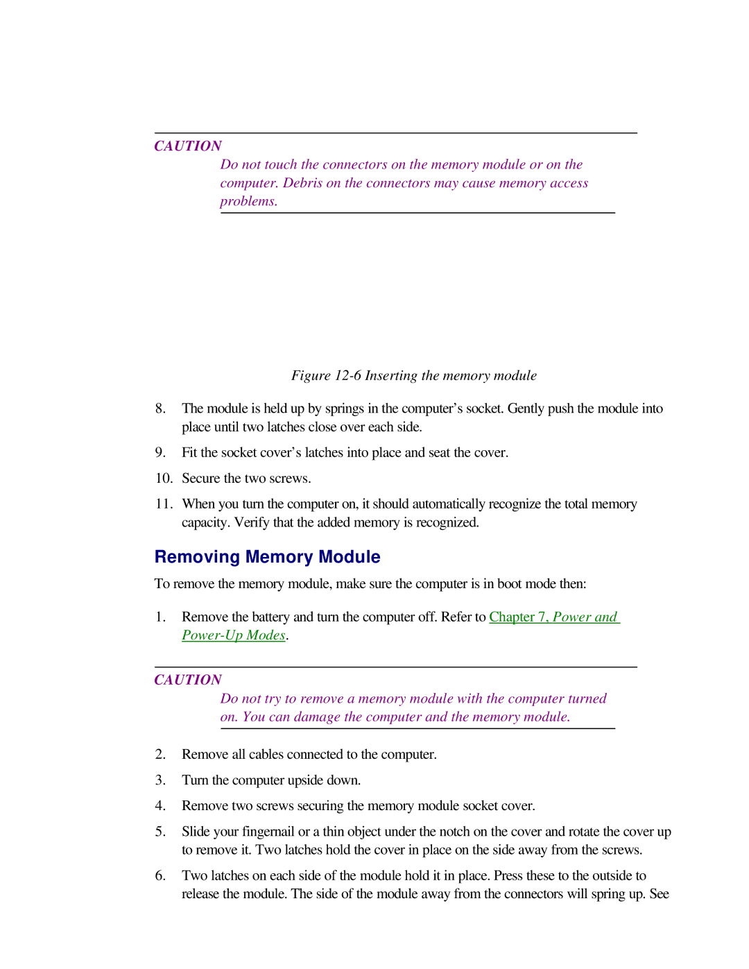 Toshiba T2150CD user manual Removing Memory Module, Inserting the memory module 