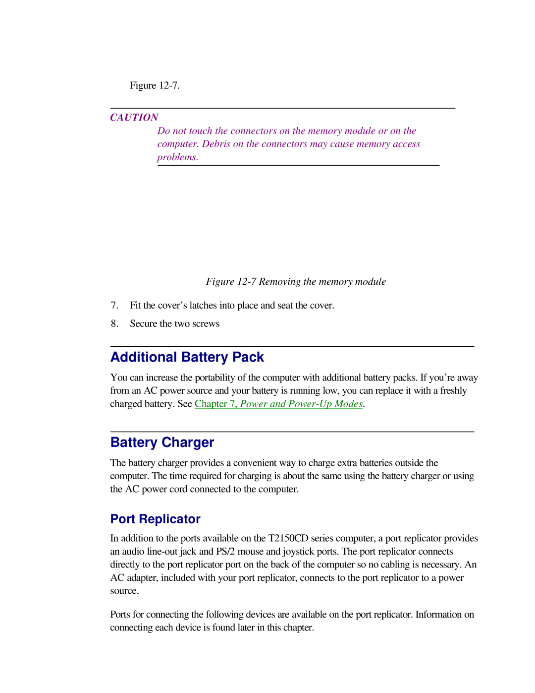 Toshiba T2150CD user manual Additional Battery Pack, Battery Charger, Port Replicator 