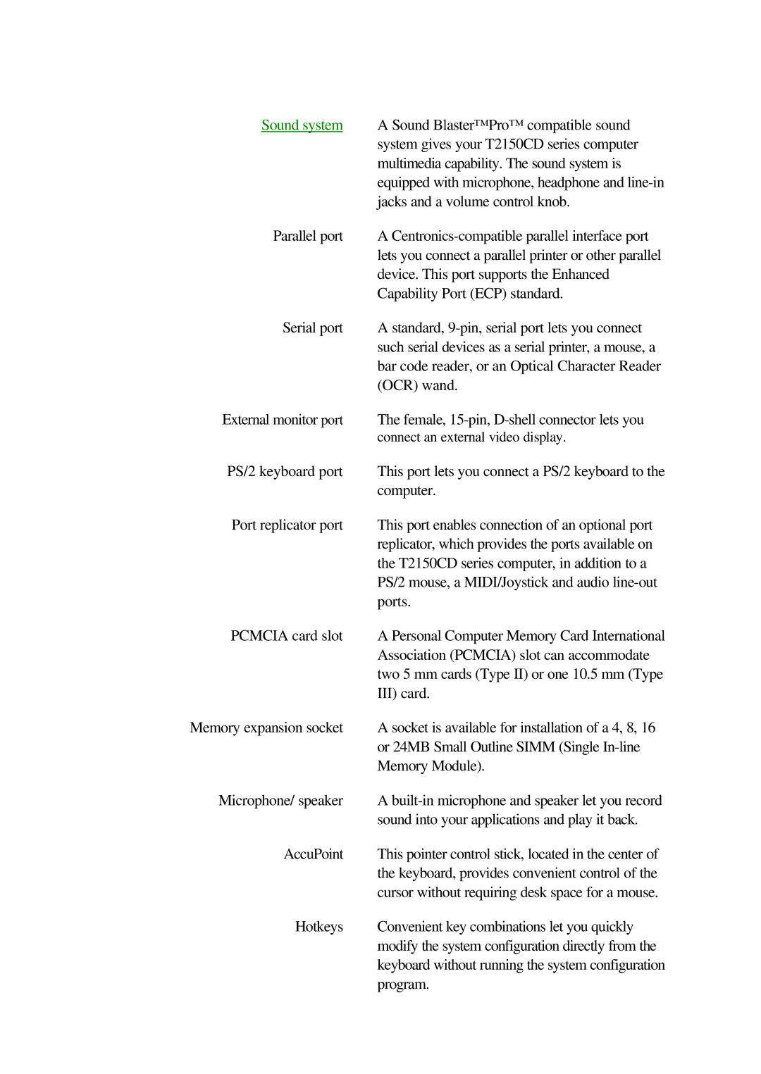 Toshiba T2150CD user manual Sound system 