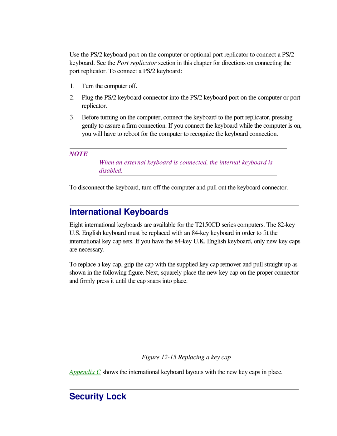 Toshiba T2150CD user manual International Keyboards, Security Lock 