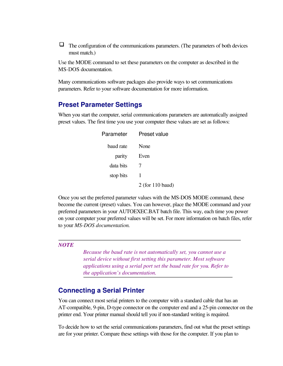 Toshiba T2150CD user manual Preset Parameter Settings, Connecting a Serial Printer 