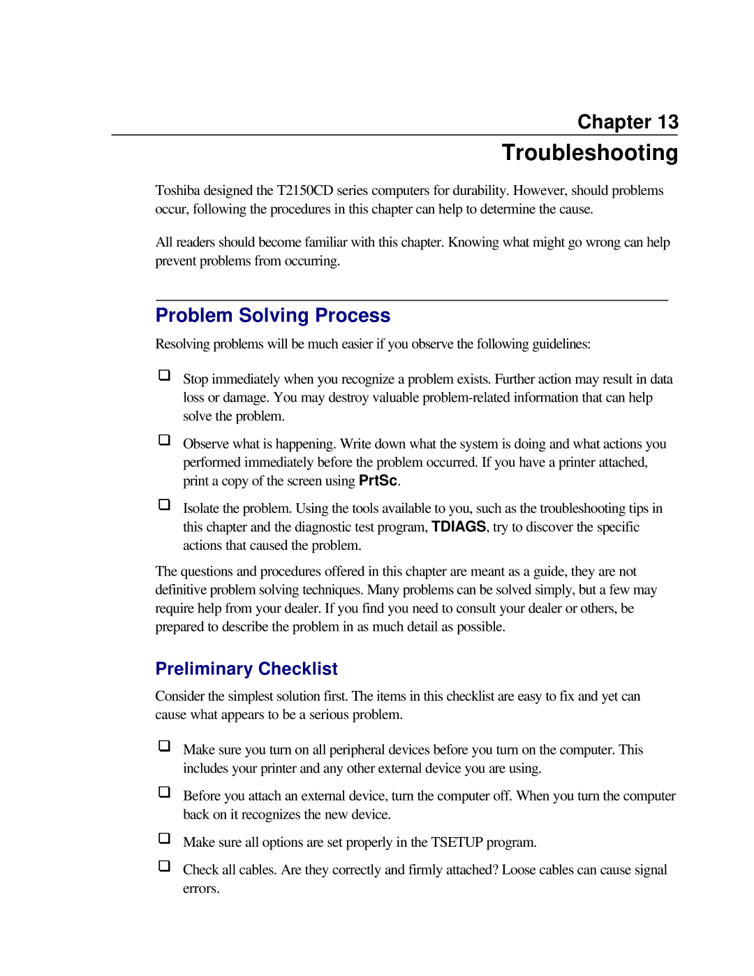 Toshiba T2150CD user manual Troubleshooting, Problem Solving Process, Preliminary Checklist 