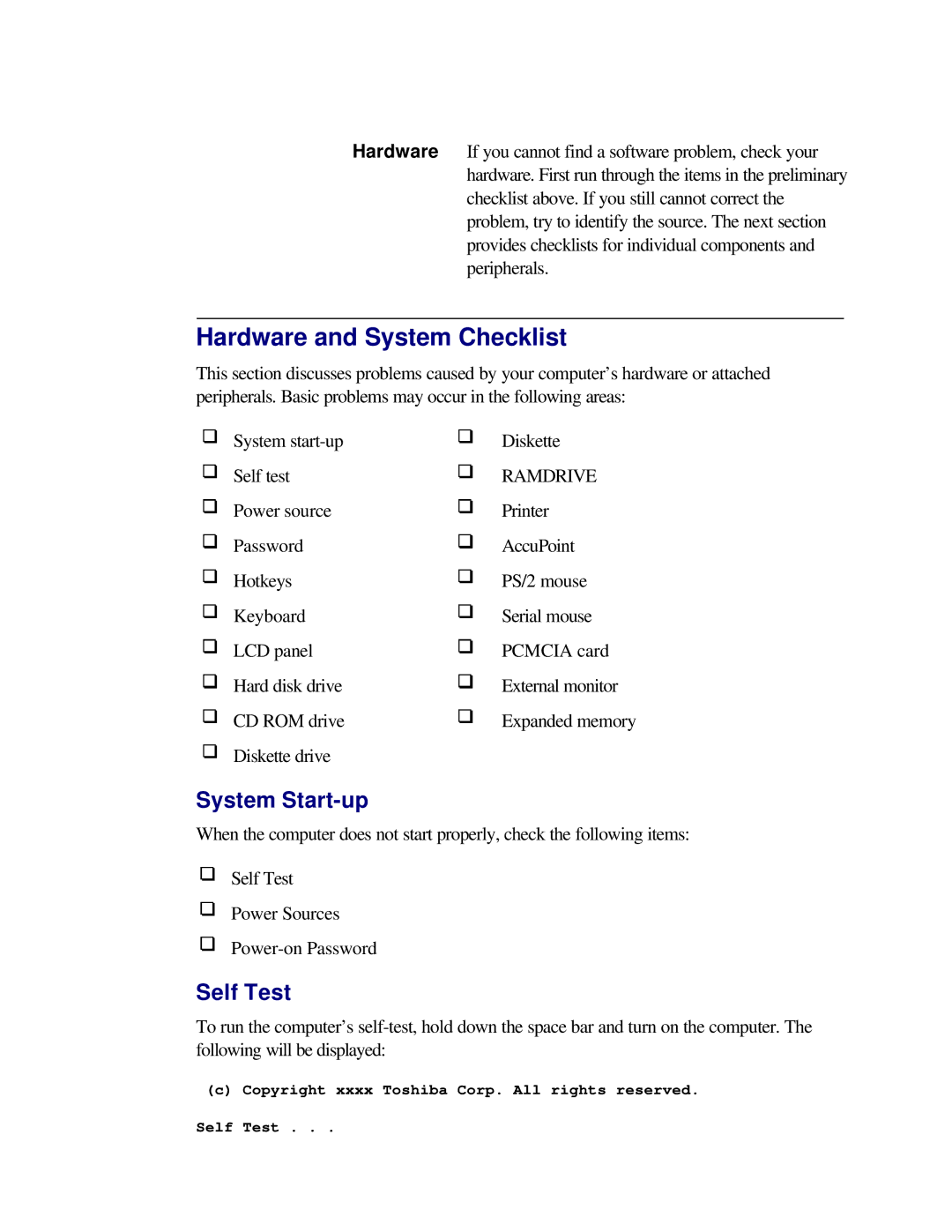 Toshiba T2150CD user manual Hardware and System Checklist, System Start-up, Self Test 