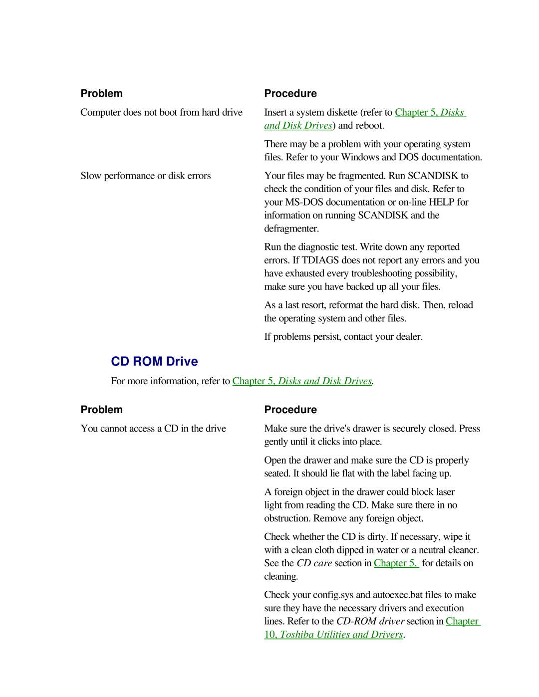 Toshiba T2150CD user manual CD ROM Drive, Disk Drives and reboot 