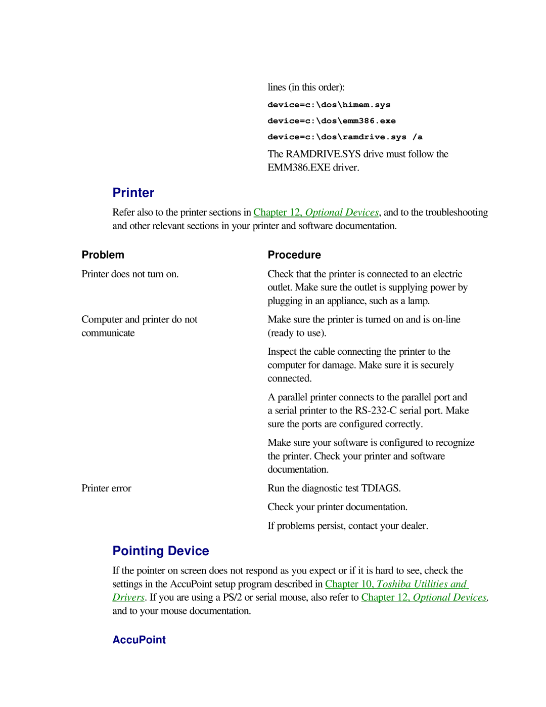 Toshiba T2150CD user manual Printer, Pointing Device, AccuPoint 