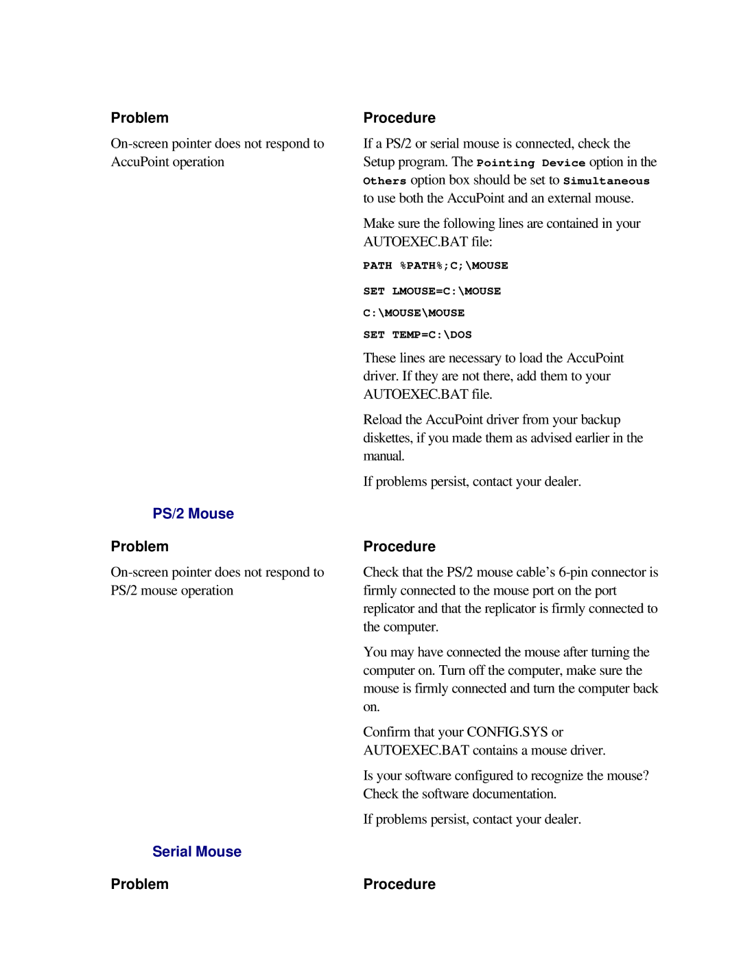 Toshiba T2150CD user manual PS/2 Mouse, Serial Mouse 