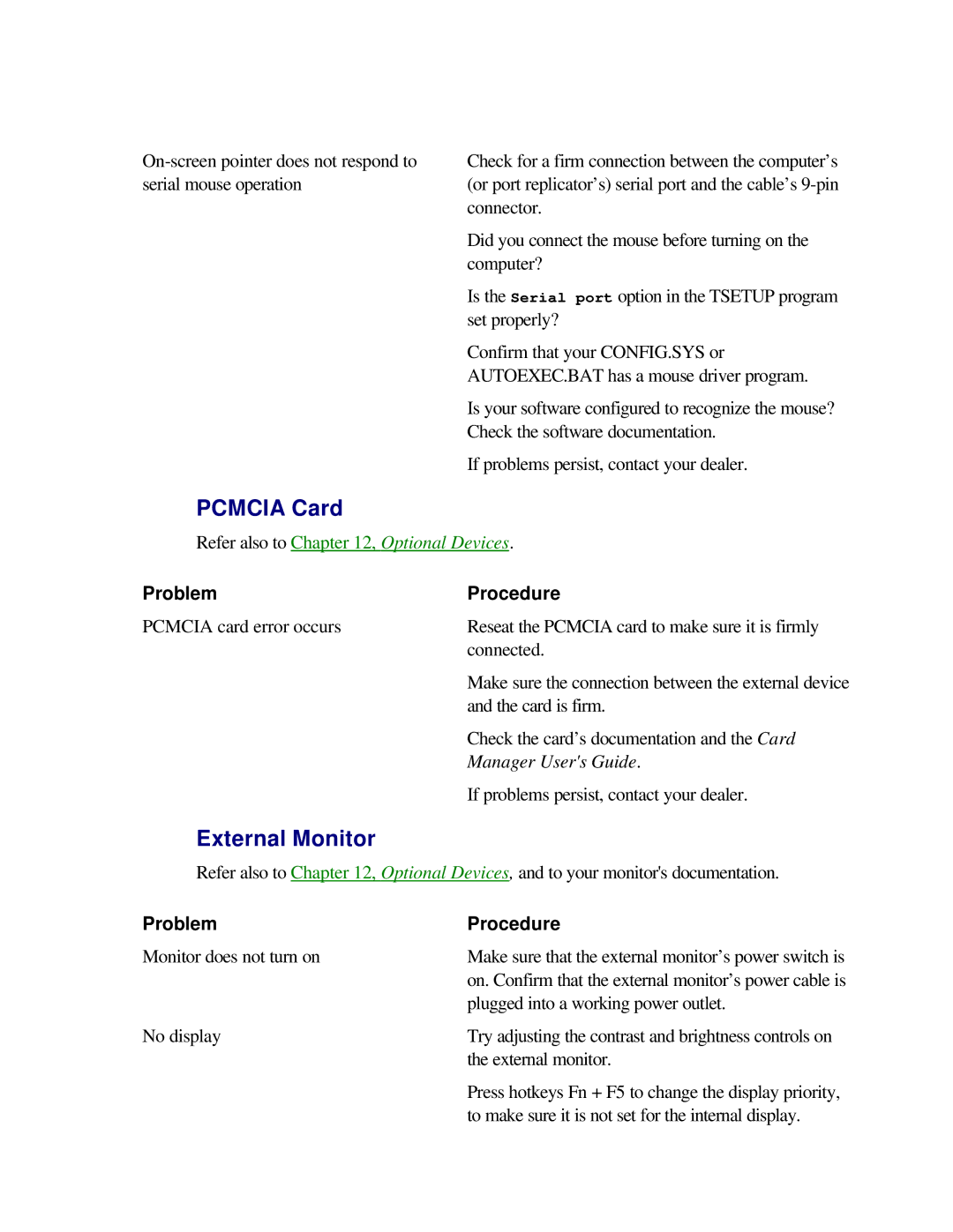 Toshiba T2150CD user manual Pcmcia Card, External Monitor 