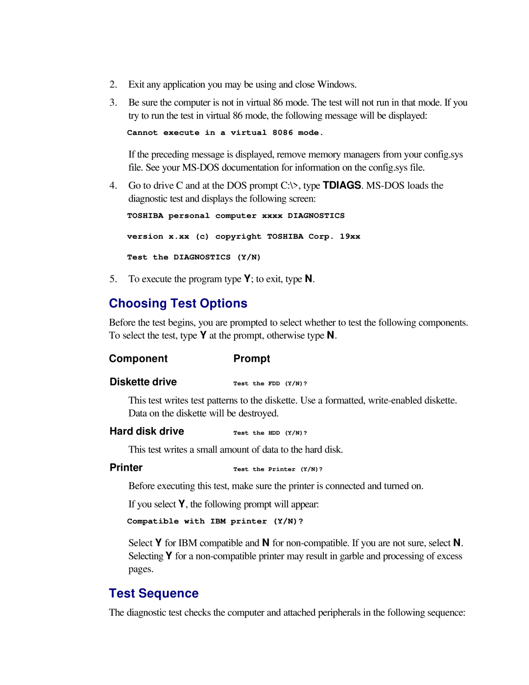 Toshiba T2150CD user manual Choosing Test Options, Test Sequence 