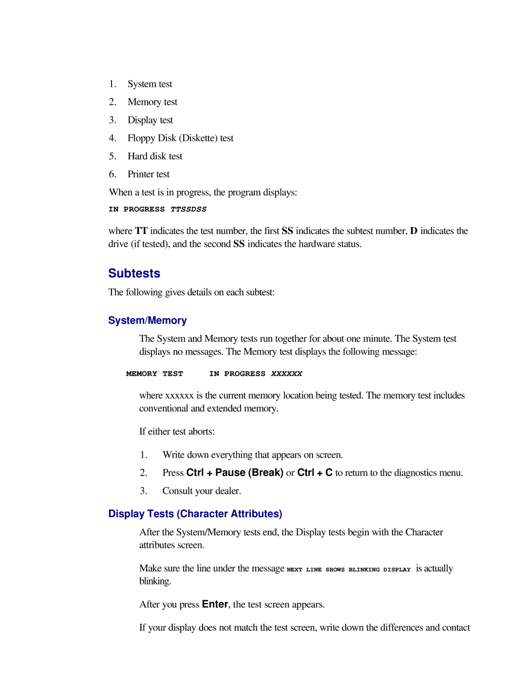 Toshiba T2150CD user manual Subtests, System/Memory, Display Tests Character Attributes 