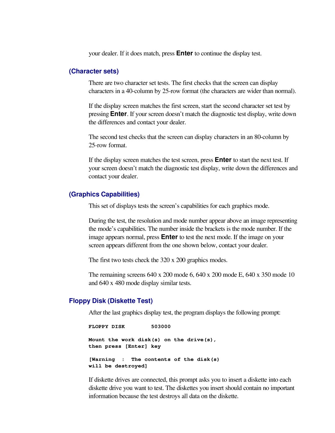 Toshiba T2150CD user manual Character sets, Graphics Capabilities, Floppy Disk Diskette Test 