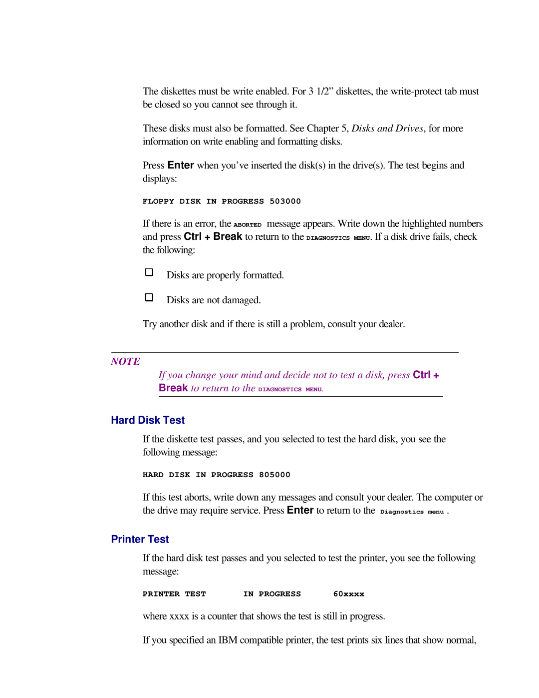 Toshiba T2150CD user manual Hard Disk Test, Printer Test 