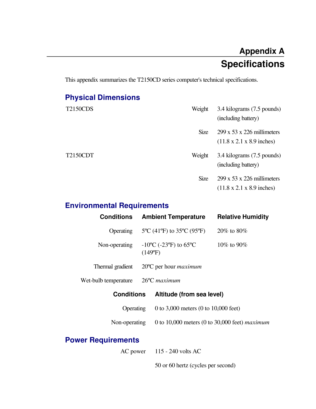 Toshiba T2150CD user manual Specifications, Physical Dimensions, Environmental Requirements, Power Requirements 