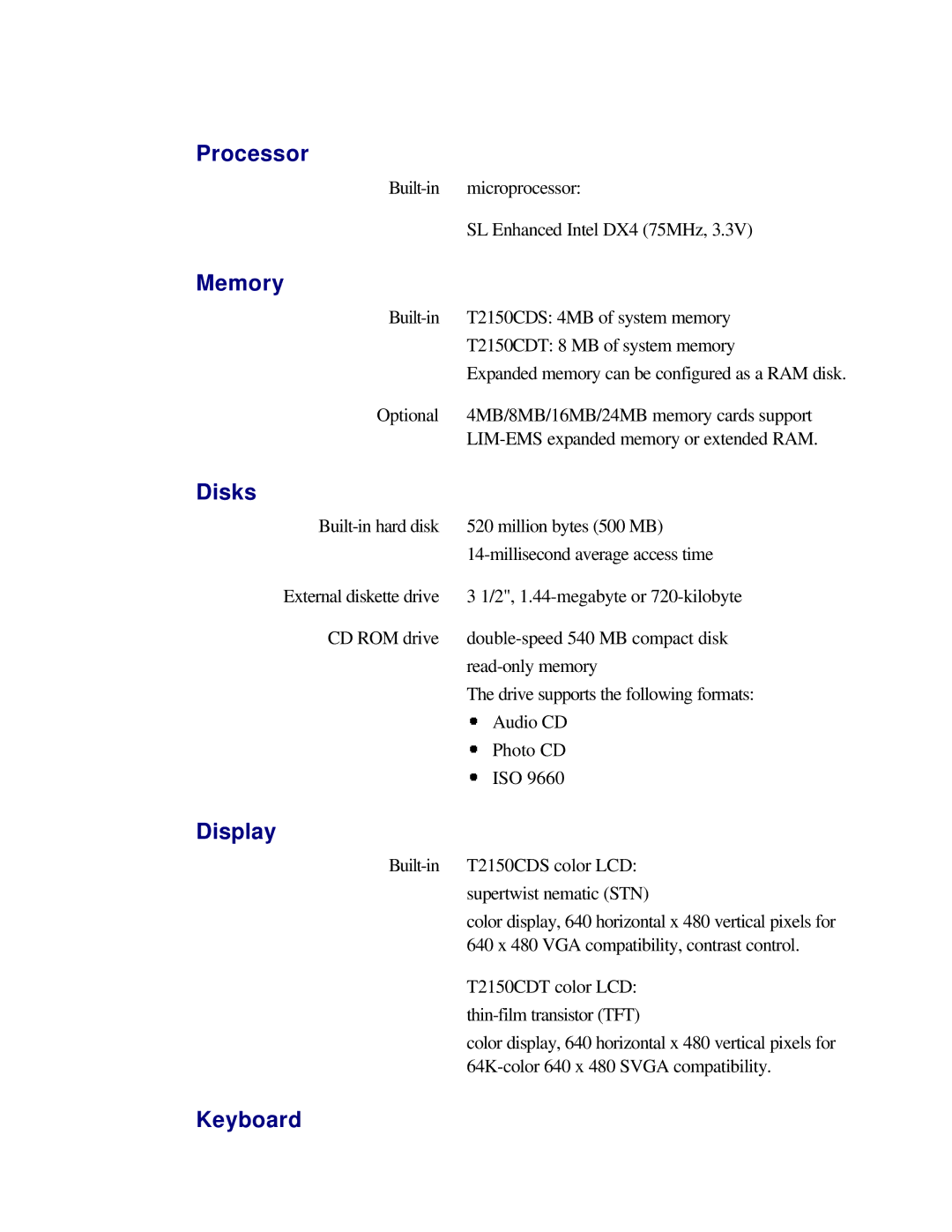 Toshiba T2150CD user manual Processor, Disks 