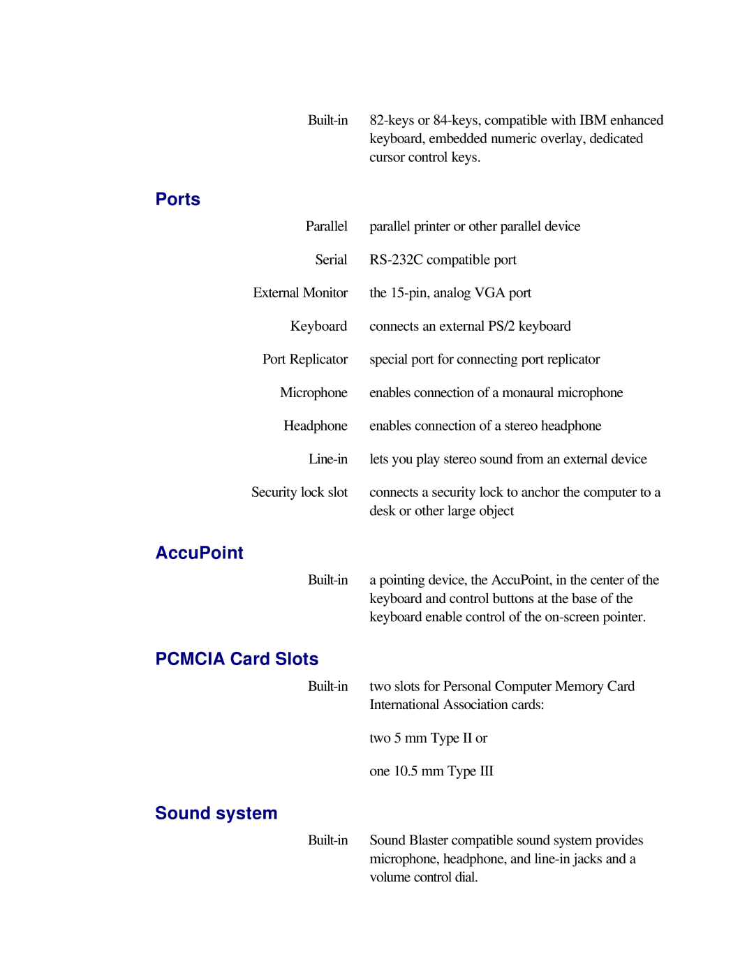 Toshiba T2150CD user manual Ports, AccuPoint, Pcmcia Card Slots, Sound system 