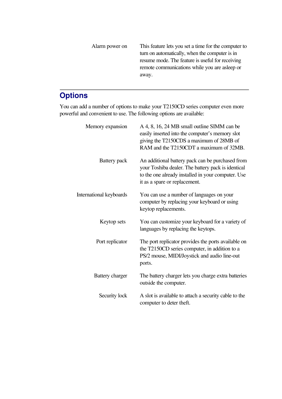 Toshiba T2150CD user manual Options 