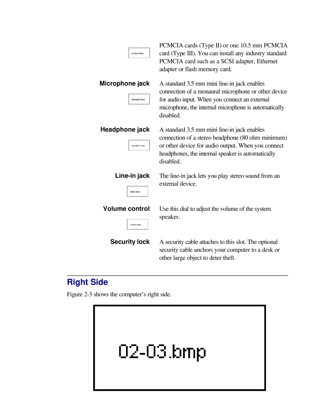 Toshiba T2150CD user manual Right Side, Shows the computer’s right side 