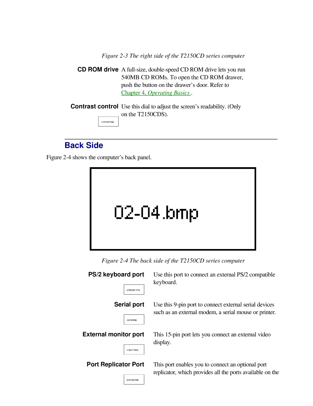 Toshiba user manual Back Side, Right side of the T2150CD series computer 