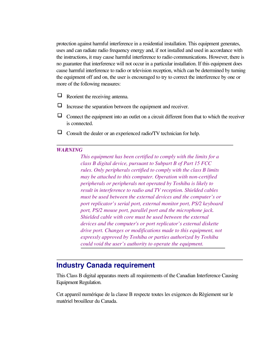 Toshiba T2150CD user manual Industry Canada requirement 