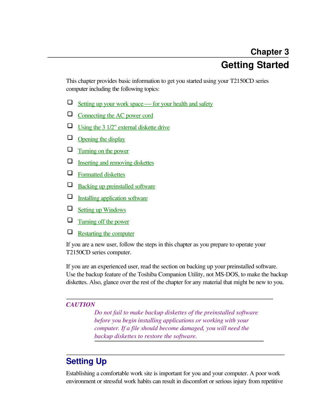 Toshiba T2150CD user manual Getting Started, Setting Up 