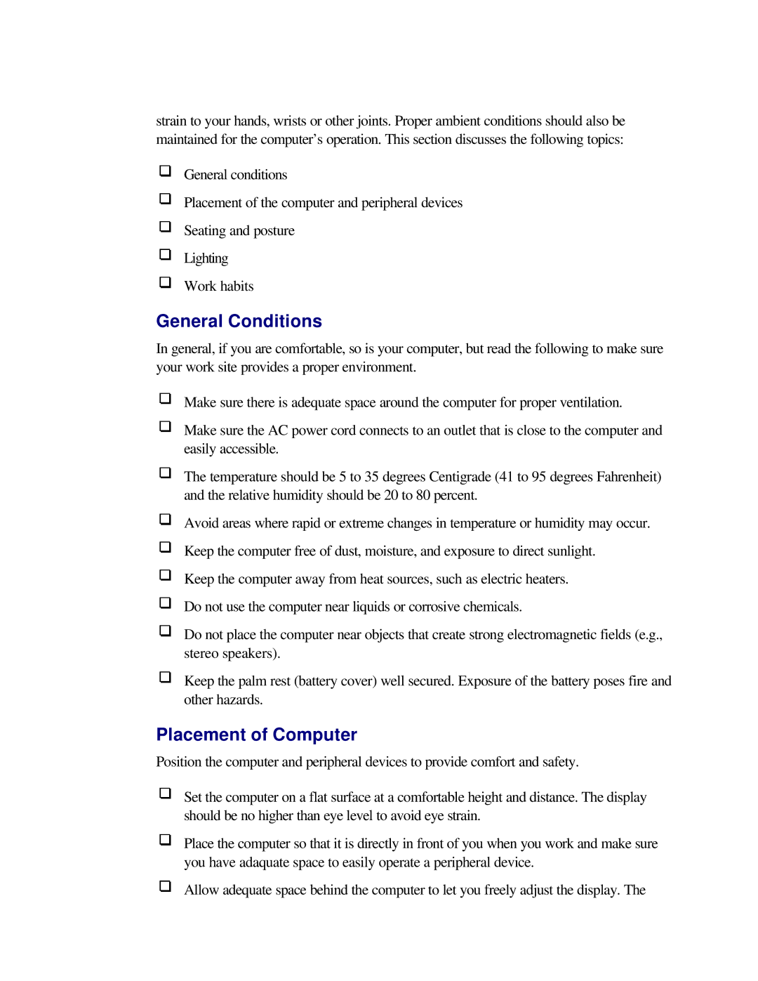 Toshiba T2150CD user manual General Conditions, Placement of Computer 