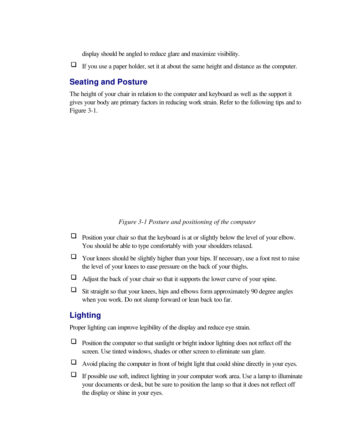 Toshiba T2150CD user manual Seating and Posture, Lighting 