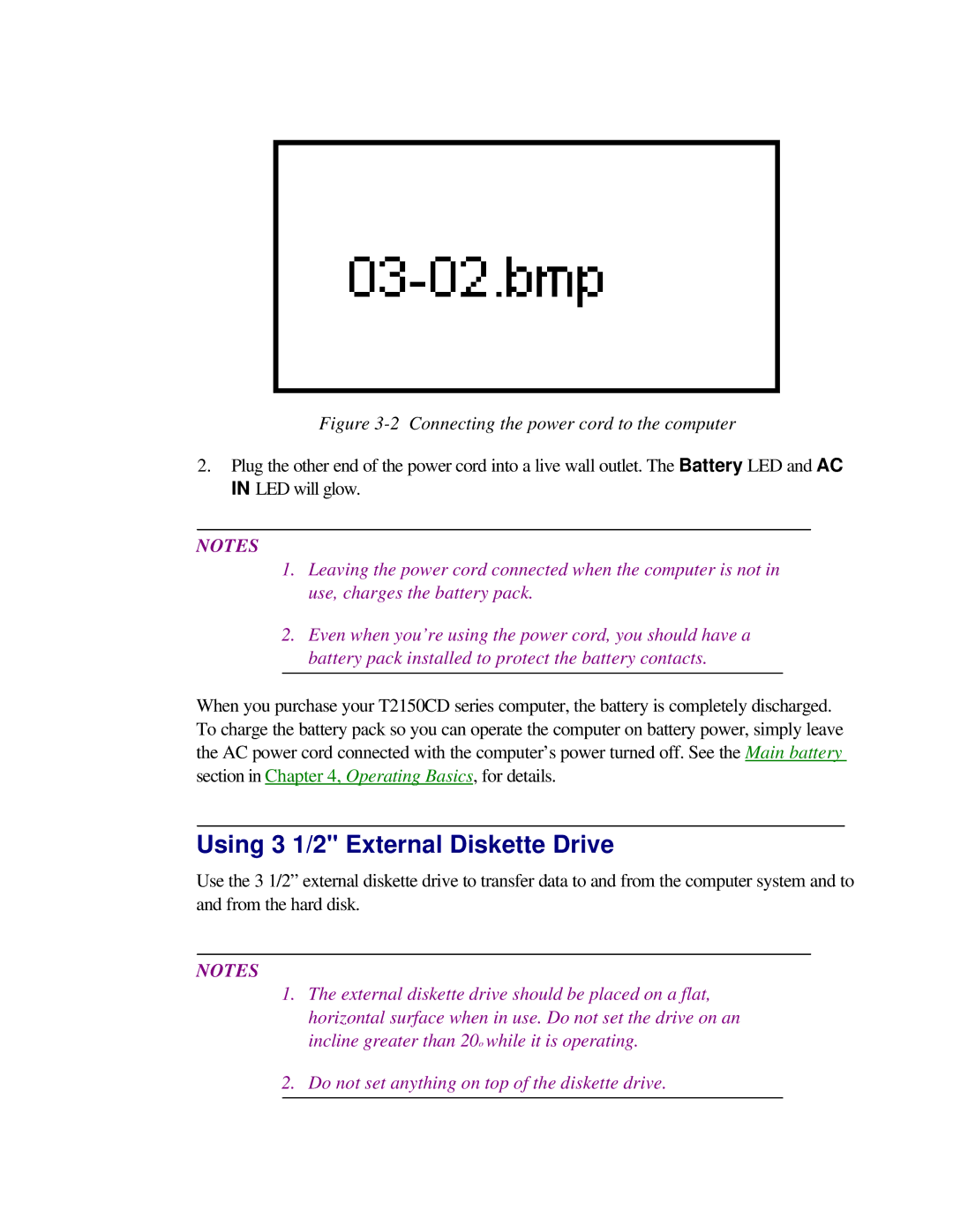 Toshiba T2150CD user manual Using 3 1/2 External Diskette Drive, Connecting the power cord to the computer 