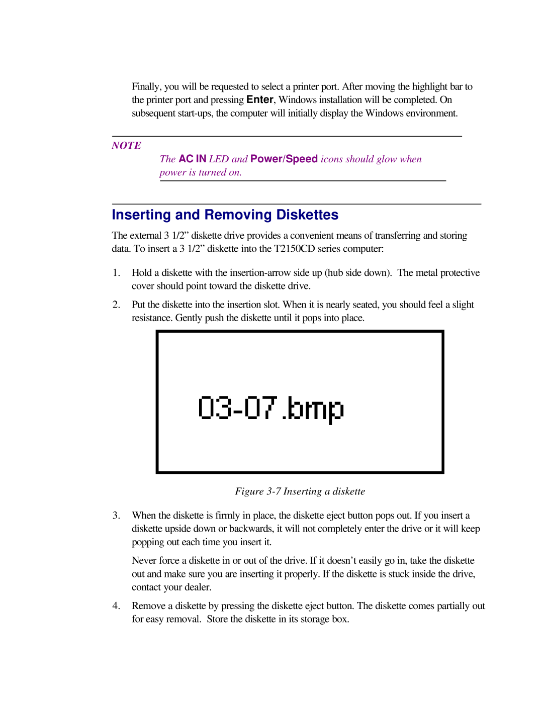 Toshiba T2150CD user manual Inserting and Removing Diskettes, Inserting a diskette 