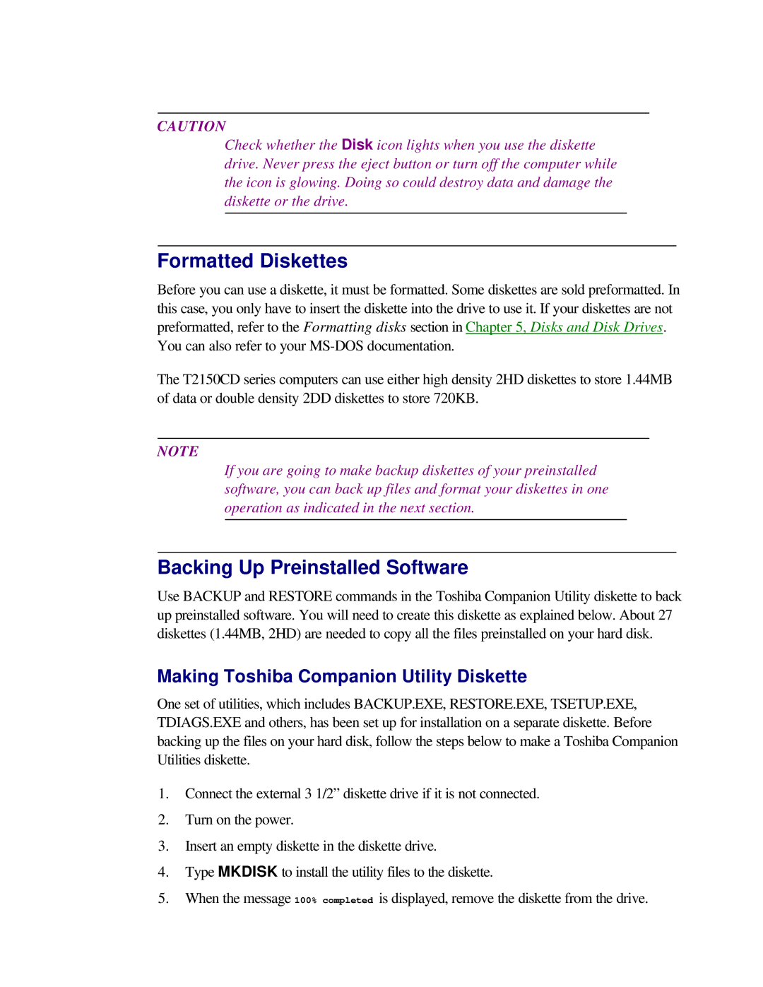 Toshiba T2150CD Formatted Diskettes, Backing Up Preinstalled Software, Making Toshiba Companion Utility Diskette 