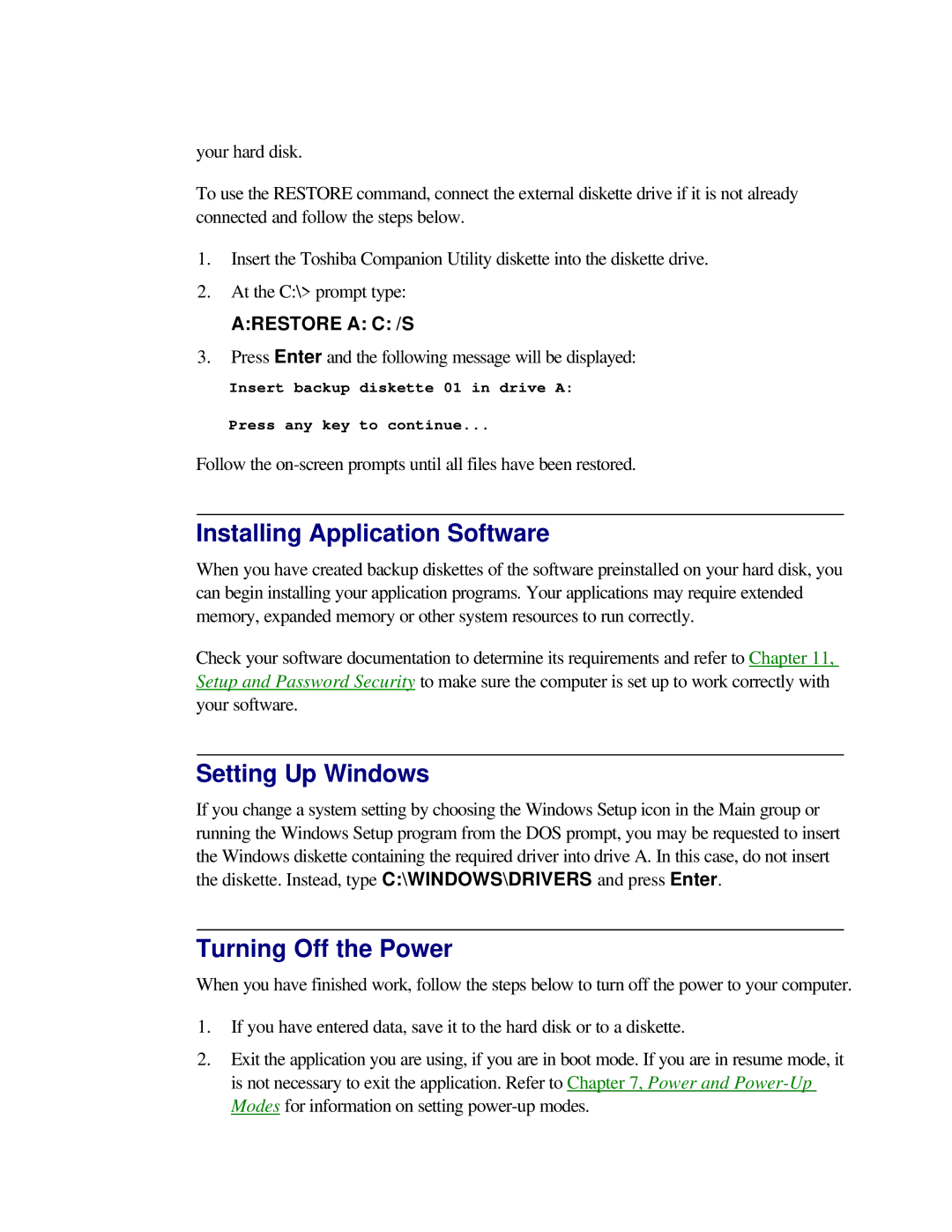 Toshiba T2150CD user manual Installing Application Software, Setting Up Windows, Turning Off the Power 