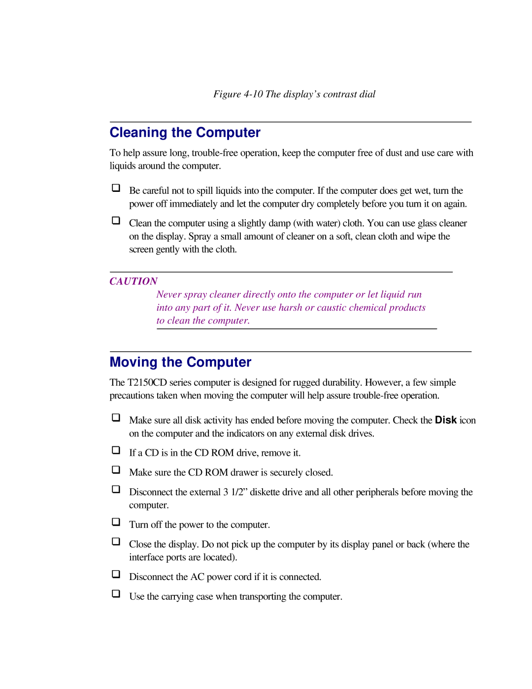 Toshiba T2150CD user manual Cleaning the Computer, Moving the Computer 