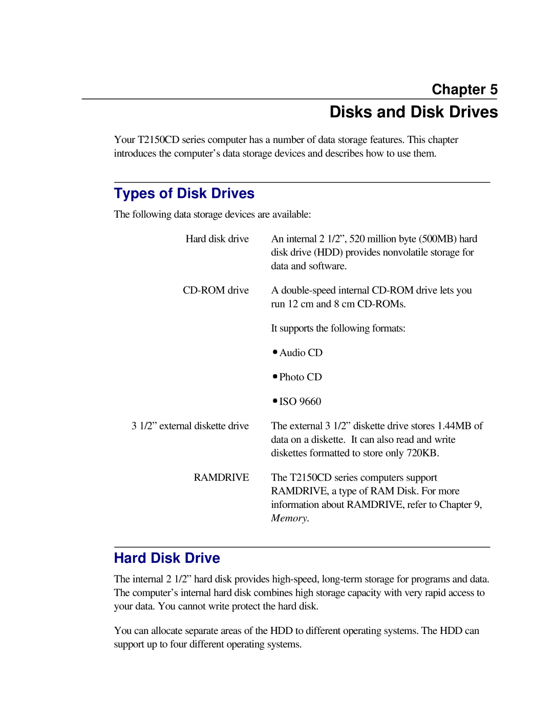 Toshiba T2150CD user manual Disks and Disk Drives, Types of Disk Drives, Hard Disk Drive 