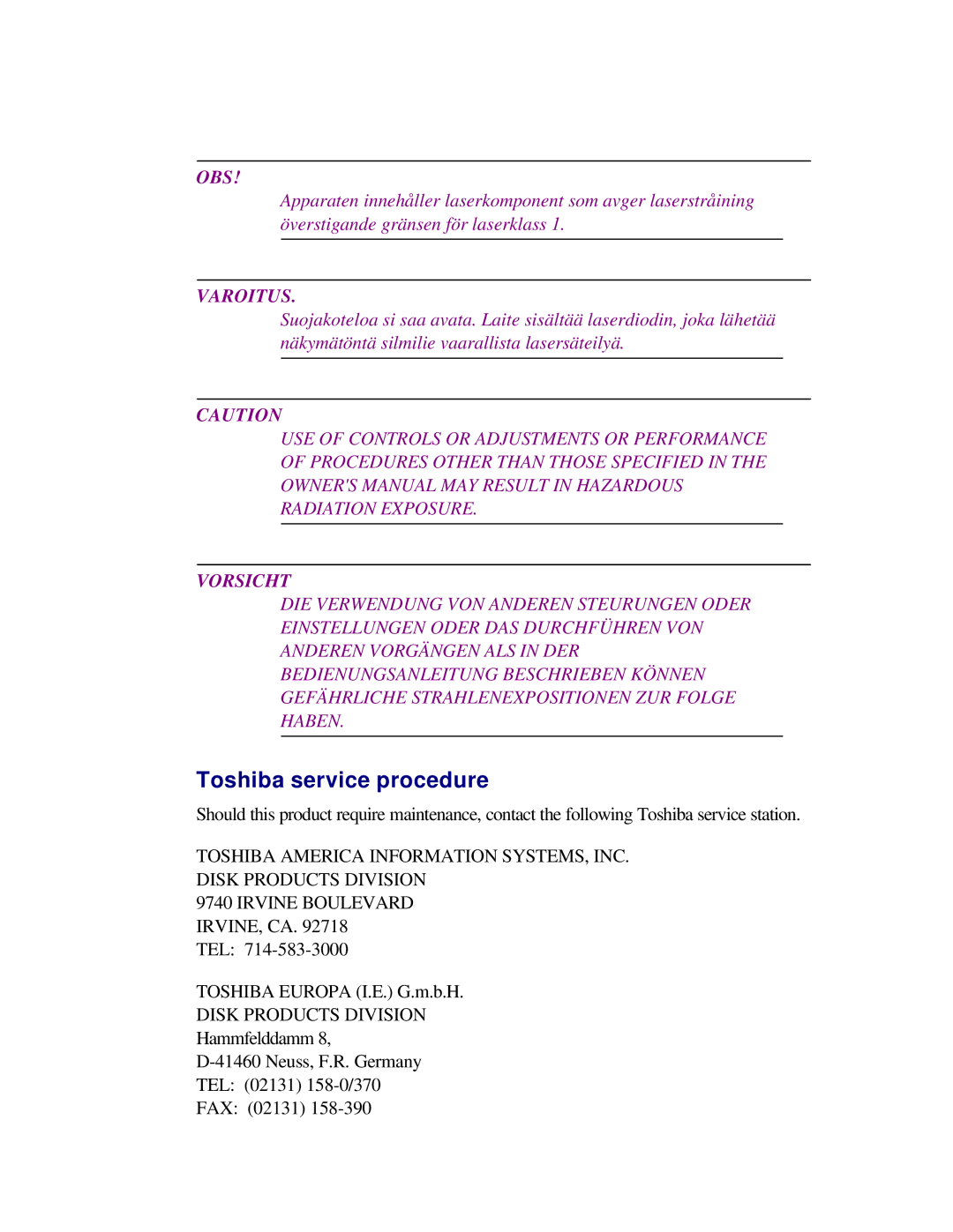 Toshiba T2150CD user manual Toshiba service procedure, Obs 