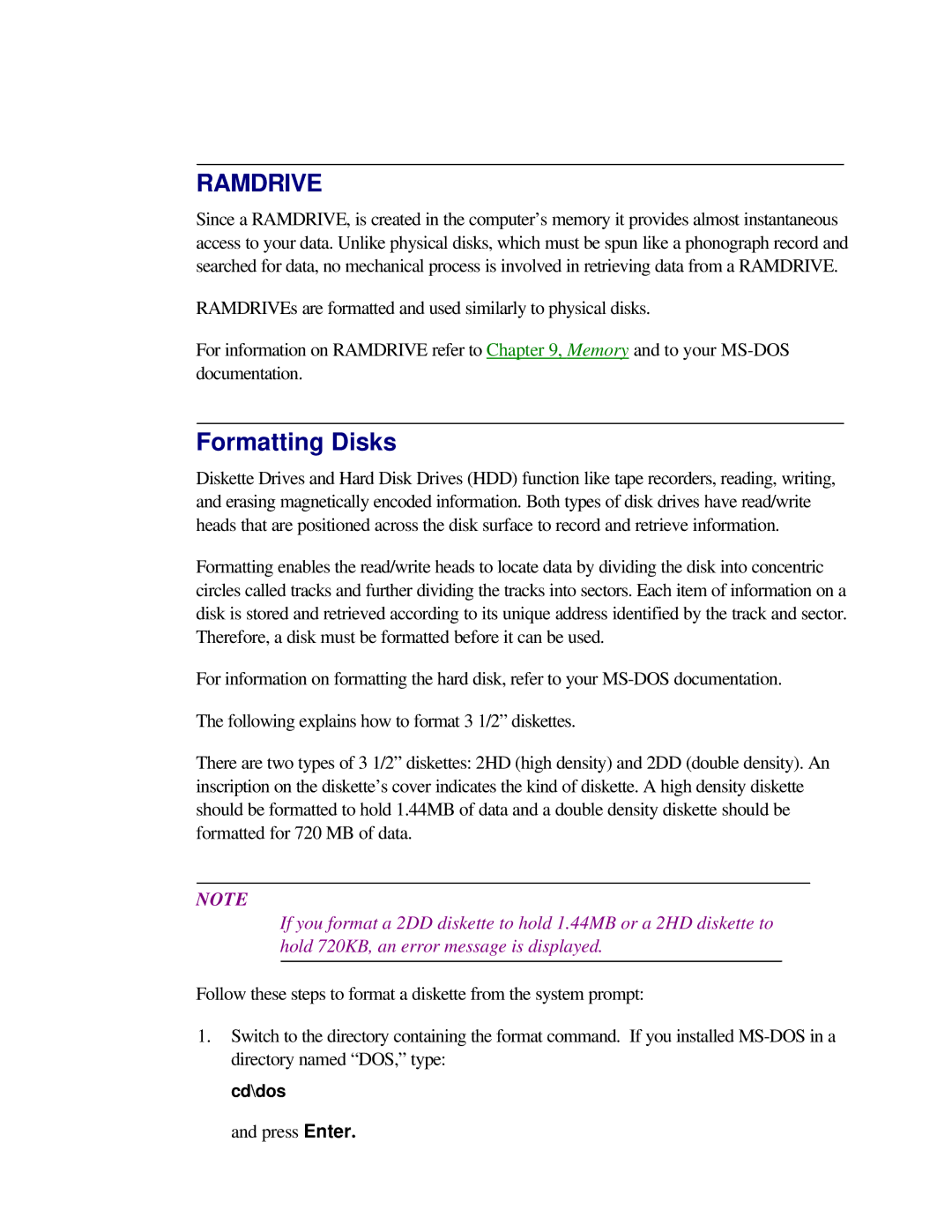 Toshiba T2150CD user manual Ramdrive, Formatting Disks 