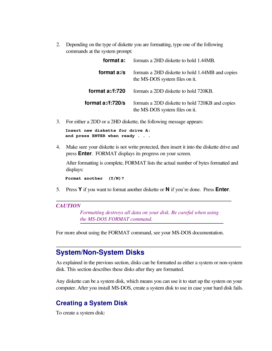 Toshiba T2150CD user manual System/Non-System Disks, Creating a System Disk 