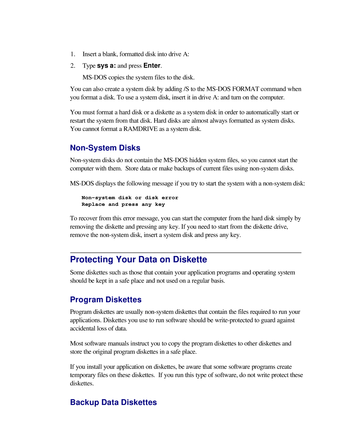 Toshiba T2150CD user manual Protecting Your Data on Diskette, Non-System Disks, Program Diskettes, Backup Data Diskettes 