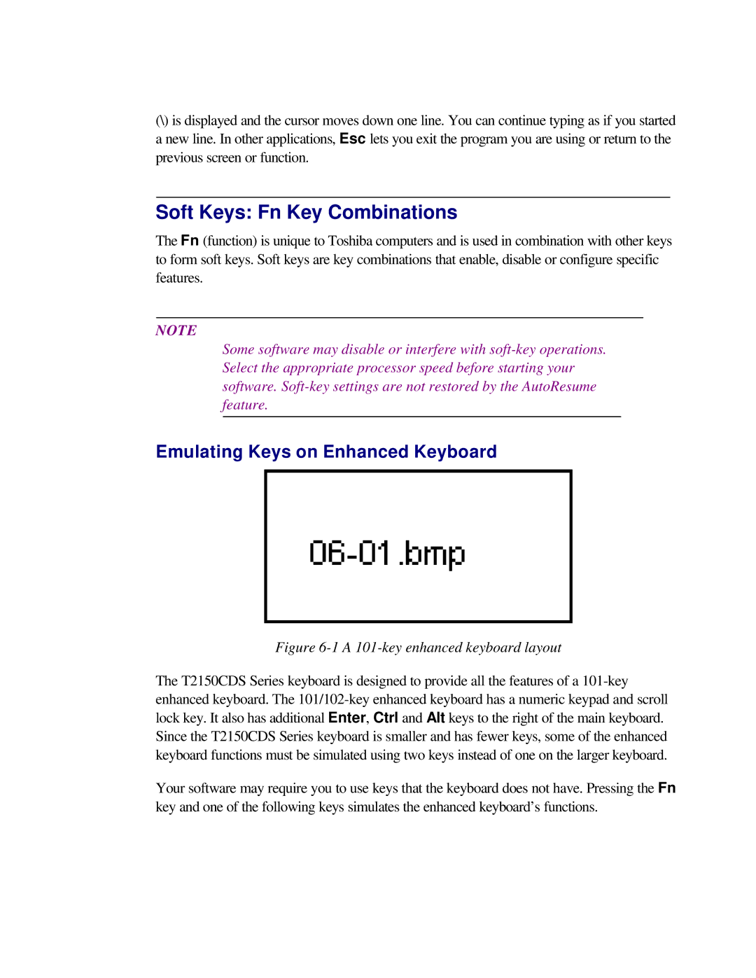 Toshiba T2150CD user manual Soft Keys Fn Key Combinations, Emulating Keys on Enhanced Keyboard 