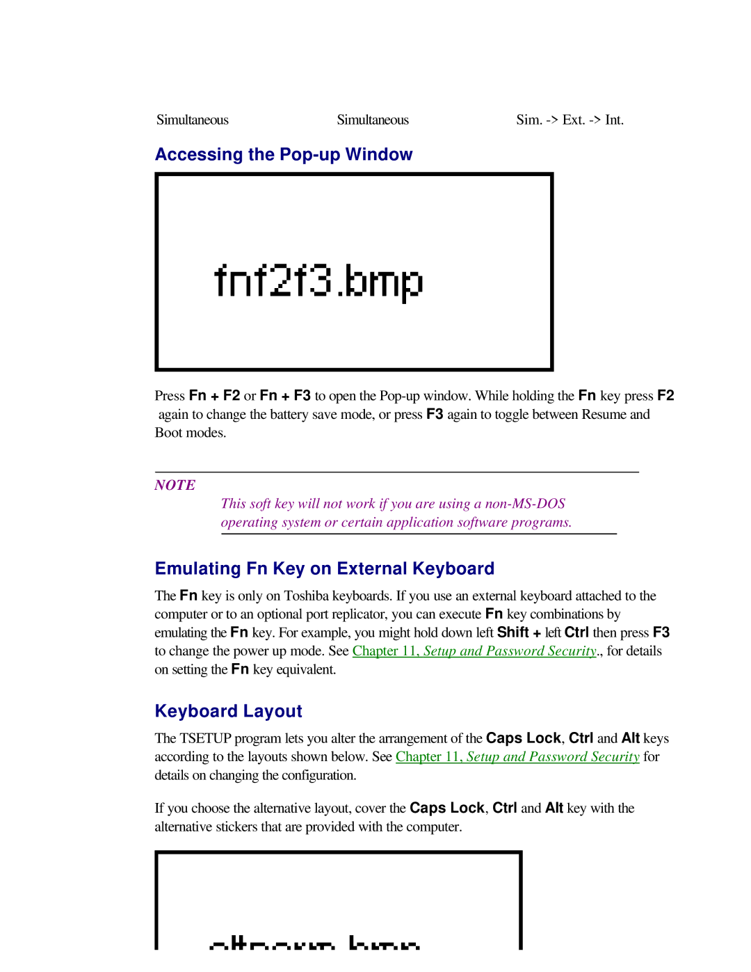 Toshiba T2150CD user manual Accessing the Pop-up Window, Emulating Fn Key on External Keyboard, Keyboard Layout 