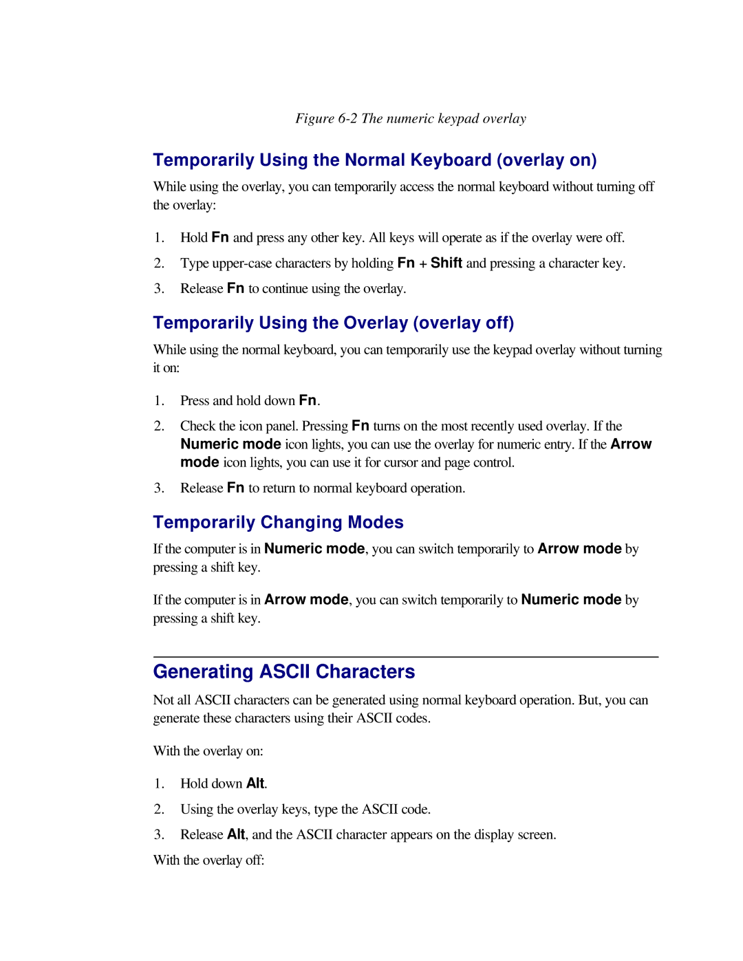 Toshiba T2150CD Generating Ascii Characters, Temporarily Using the Normal Keyboard overlay on, Temporarily Changing Modes 