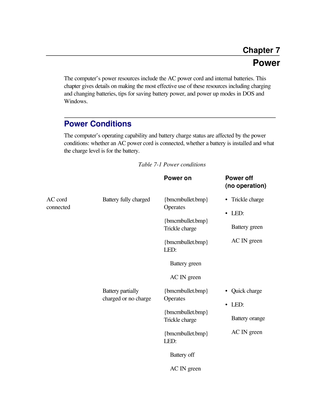 Toshiba T2150CD user manual Power Conditions 