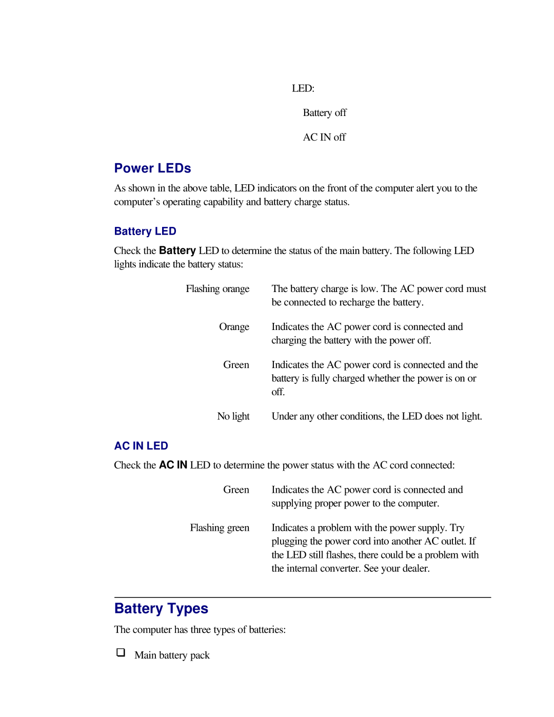 Toshiba T2150CD user manual Battery Types, Power LEDs, Battery LED 