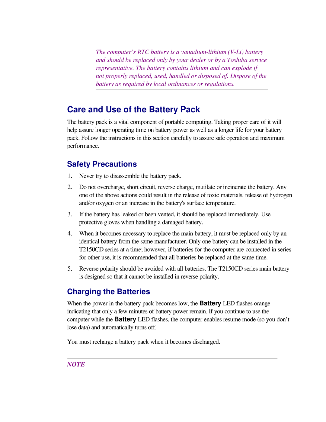 Toshiba T2150CD user manual Care and Use of the Battery Pack, Safety Precautions, Charging the Batteries 