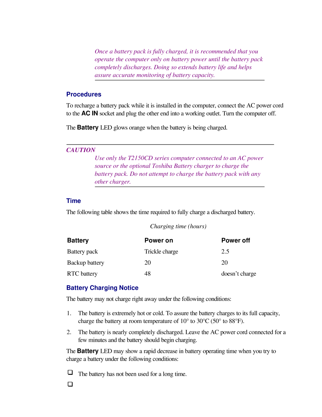 Toshiba T2150CD user manual Procedures, Time, Battery Charging Notice 