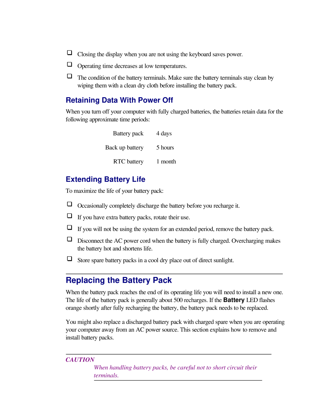 Toshiba T2150CD user manual Replacing the Battery Pack, Retaining Data With Power Off, Extending Battery Life 