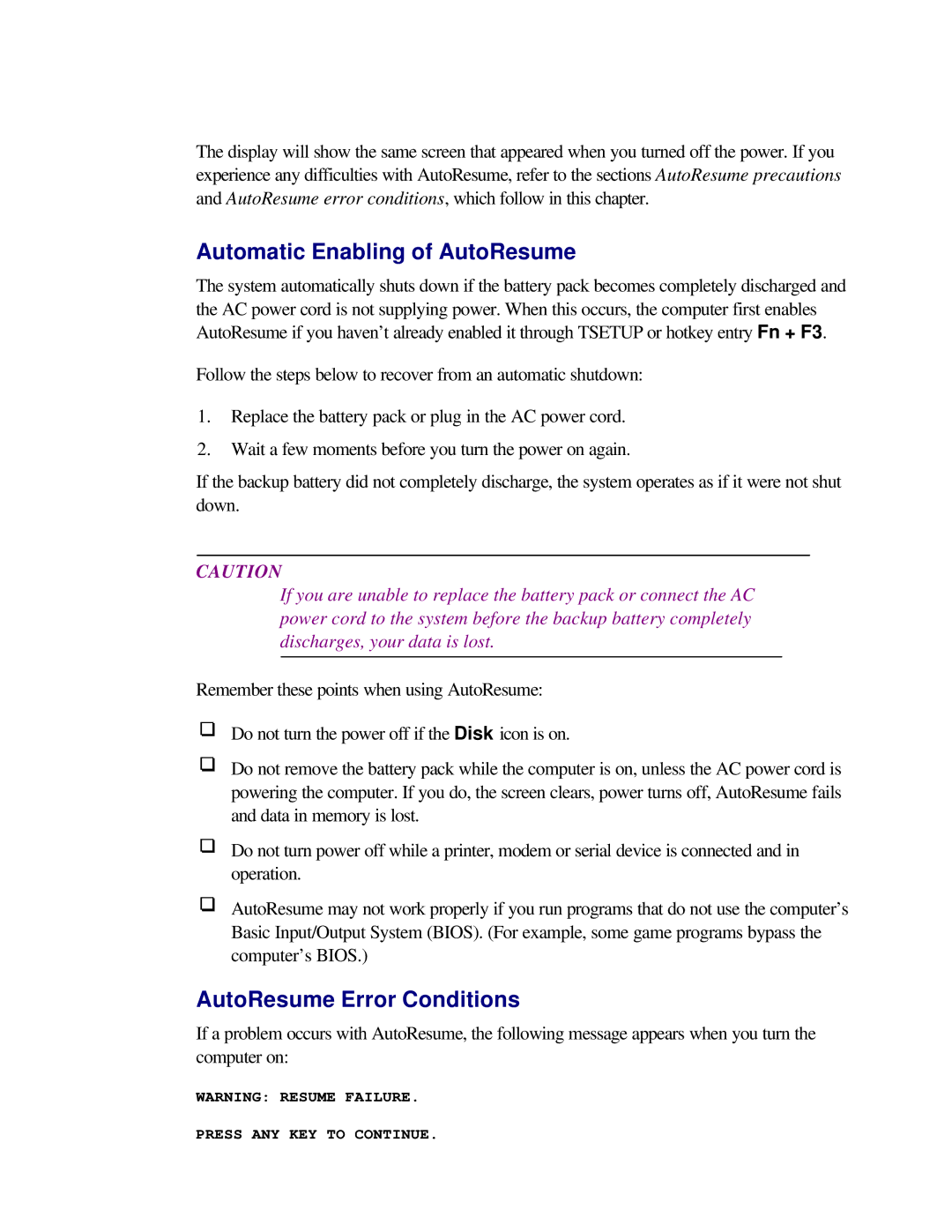 Toshiba T2150CD user manual Automatic Enabling of AutoResume, AutoResume Error Conditions 