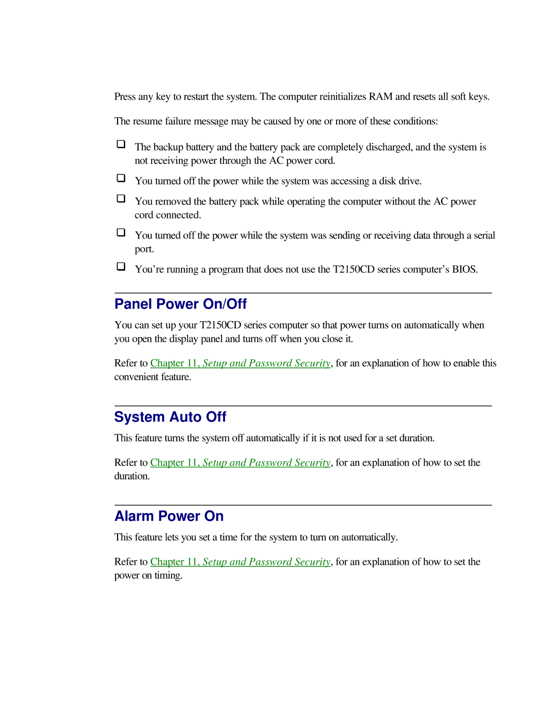 Toshiba T2150CD user manual Panel Power On/Off, System Auto Off, Alarm Power On 